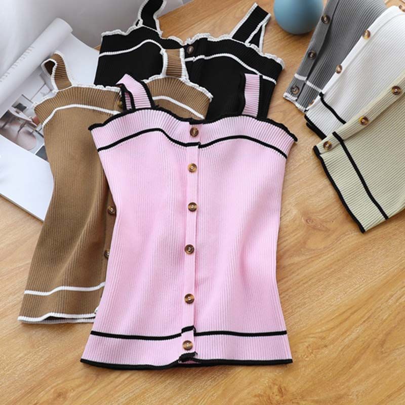 New Knit Tank Top Button Crop  - Street Fashion Style Youtube บทวิจารณ์และราคา